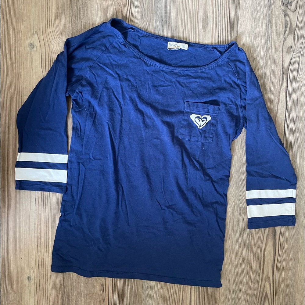 Roxy Blue and White Long Sleeve Tee with Sporty Stripes